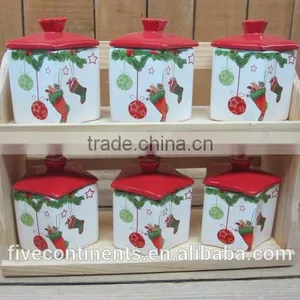 New Christmas 6pcs Ceramic Spices Canisters Set With Wood Stand thumbnail-1