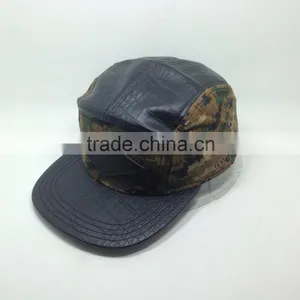 High Quality Flat Brim Black Leather 5 Panel Hat With Label thumbnail-3
