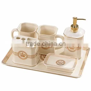 Royal Elegant European Style Golden Ceramic Bathroom Accessory Set in 6 Pcs, Classic Bathroom Set Cup, Dispenser BF12-03254c thumbnail-1