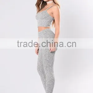 Two Piece Outfits Women Spaghetti Straps Heathered Ribbed Crop Top Sweatpants Jogger 2 Piece Men Women Suits thumbnail-3