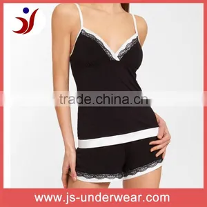 Girls Nylon Spandex Camisole Sexy Underwear Black Body White Strap Sleeping Camisole and Panties thumbnail-1