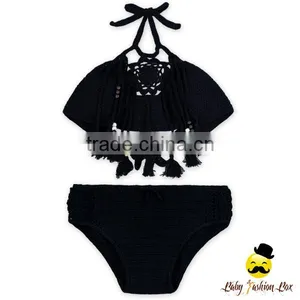Bohemia Style Black Plain Knitting Halter Decorative Tassel Kids Holiday Swimwear Yong Girl Indian Remake Photo Bikini Bra thumbnail-6