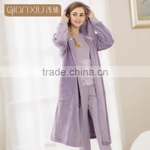 New Arrival Qianxiu Wholesale Cheap Female Elegant Gray Comfort Hoodies Flannel Pajamas thumbnail-5