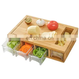 Multi-functional Fruit & Vegetable Tool Natural Juice Grooves Bamboo Cutting Board With Drawers And 4 Container Tray, thumbnail-2