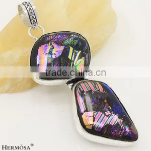 925 Sterling Silver Freedom Shape Colorful Dichroic Glass Gemstone Jewel Pendant thumbnail-1