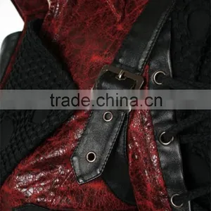 Mens Red Black Faux Leather Goth Steampunk Military Coat thumbnail-4