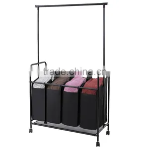 Black Heavy Duty 4-bag Rolling Laundry Sorter/Cart/Rack Hamper With Hanging Bar thumbnail-2