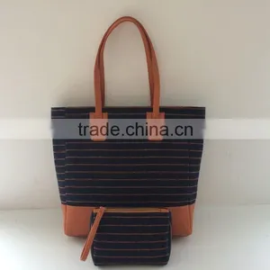 New Arrivel Strip Woolen Fabric Women Tote Bag With Cosmetic Bags thumbnail-1