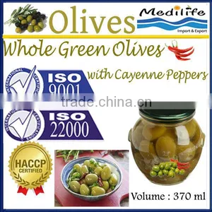 100% Tunisian Table Olives, Green Olives With Cayenne Peppers, Whole Green Olives With Peppers 370 ml Glass Jar thumbnail-1