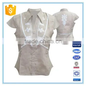 Women European Style Pleats And Embroidery Blouse Formal Shirts thumbnail-1