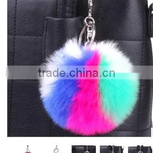 2017 New Design Rainbow Color Fur Pom Pom Keychain Bag Charms Wholesale Fur Ball Bag Charms Fur Ball Charms for Woman Hand Bags thumbnail-2