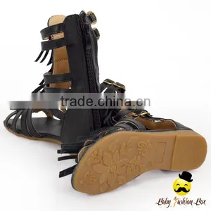 Kids Summer Plain Black PU Fringe Gladiator Boots With Zipper Little Girl Flattie Snadals Shoes thumbnail-3