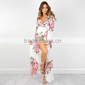 Blouson Long Sleeve Pink White Floral Printed Plus Size Wrap Maxi Long Dress thumbnail-5