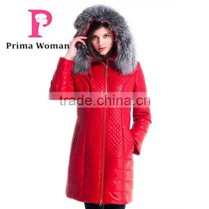 Used Long Winter Women Medium Length Leather Jacket With Brown Fox Hat Overcoat thumbnail-2
