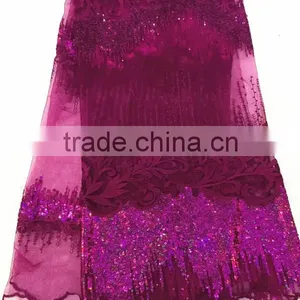 Wholesale Fushia Embroidered African Lace Fabrics French Sequined Lace Dress Fabric With Muiti Color Sequin thumbnail-1