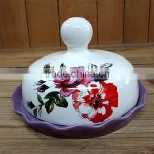Purple Flower Shaped Ceramic Butter Dish With Flower Decal White Cover thumbnail-1