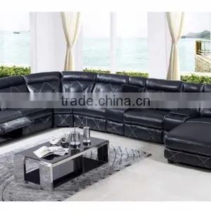 Bisini Genuine Black Leahter Living Room Corner Sofa With Recliner thumbnail-1