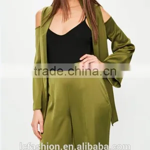 Picture of Office Ladies Cold Shoulder Tie Waist Satin Blazer Green Two Piece Sets for Office Ladies thumbnail-6