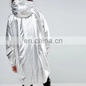 Wholesale Classic Outside Women Nylon Custom Plain Sliver Metallic Long Jacket thumbnail-3