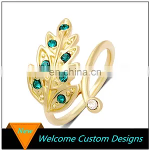New Hot Sale Latest Gold Plated Leaf Green Crystal Ring Designs for Girls thumbnail-1