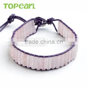 Topearl Jewelry Rose Quartz Bracelet Woven Leather Wrap Bangle 7.5 Inches CLL122 thumbnail-1