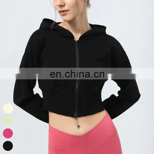 High Elastic Waist Running Sports Clothing Long Sleeve Double Head Zipper Short Gym Fitness Jackets Women Hooded Yoga Jacket thumbnail-5
