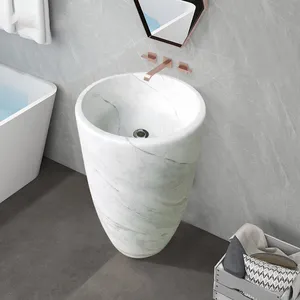 Modern Freestanding Bathroom Hand Wash Basin Natural Stone Carrara Marble Stone Pedestal Sink for Home Hotel Villa Bathroom Washbasin thumbnail-1