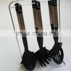 Passing SGS Senior 7-pieces Black Nylon Kitchen Utensil Set With Stainless Steel Hollow Handle and Metal Stand 001A thumbnail-2