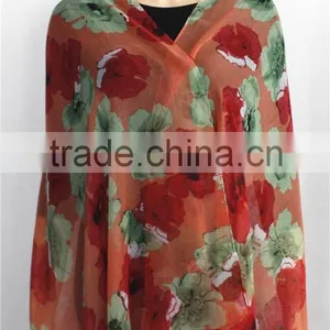 Green and Red Flower Printed Viscose Scarf thumbnail-2