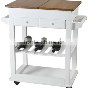 Modern Wooden Bamboo Kitchen Serving Trolley With Table Boards Drawers Wine Bottle Holder Rack Shelf and Pushing Handles Casters thumbnail-3