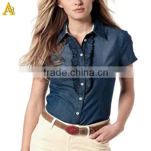 Women Denim Shirt in Mid Stonewash Blue thumbnail-1