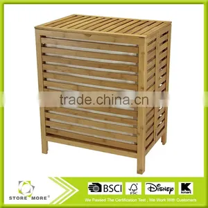 Natural Bamboo Open Slats Laundry Hamper With Hinged Lid and Cotton Liner thumbnail-1