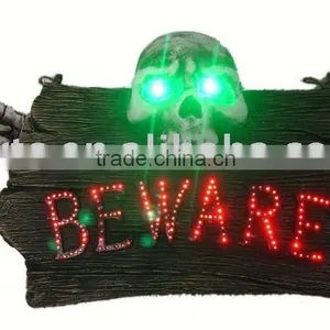 13" Polyresin LED Holloween Skull Plaque With Flashing LED "BEWARE" & Music, thumbnail-1