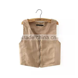 Trendy Retro Full Zip Faux Suede Sleeveless Bodycon Short Crop Vest Tank Jacket Top thumbnail-2