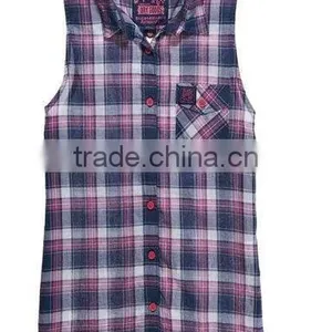 100%COTTON YARN DYED CHECK LADIES SHIRT, NO SLEEVE thumbnail-1