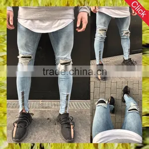 Hotsale High Quanlity New Style Jeans Pent Men Blue Distressed Leather Biker Jeans With Zipper for Men Wholesale China thumbnail-1