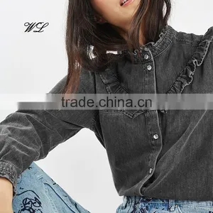 Ladies Fashion 100% Cotton Colored Blouse Frill Denim Shirts thumbnail-1