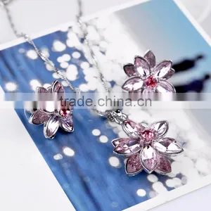 Blue/White/Pink Flower Necklace Earring Set Rhinestone Crystals for Women Jewelry thumbnail-4