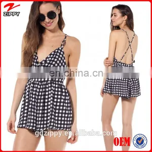 2014 New Sexy Wholesale Black And White Check Ladies Jumpsuit With Open Back/Women Playsuit thumbnail-1