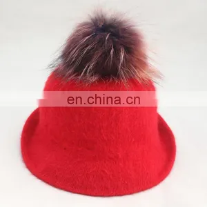 New Fashion Wholesale Ladies Red Straw Fedora Hat With Real Fur Pom Pom thumbnail-2