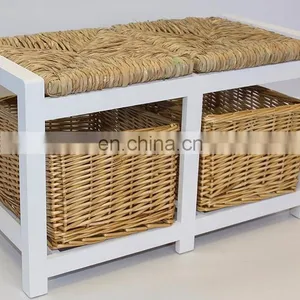 White Two Seater Wooden Storage Bench With Wicker Baskets and Seating thumbnail-1