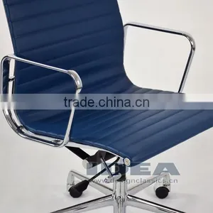 Replica Charles and Ray High Back Ribbed Aluminum Group Desk Chair - Blue Color Genuine Leather thumbnail-6