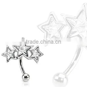 Surgical Steel Triple Star Eyebrow Ring Curve Paved Star CZ thumbnail-1