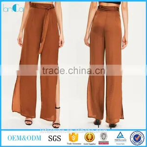 Wholesale Ladies Brown Tie Waist Wide Leg Split Side Pants Women Wide Leg Satin Pants thumbnail-1