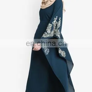 Women V-Neck Blue Abaya Muslim Dress With Embroidery thumbnail-5