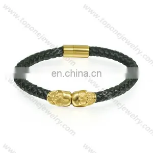 2017 Fashion Jewelry Skull Bracelet for Man Black Leather Stainless Steel thumbnail-4