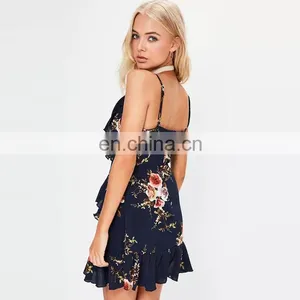 Navy Strappy Printed Flounce Backless Mini Lady Wrap Dress thumbnail-4