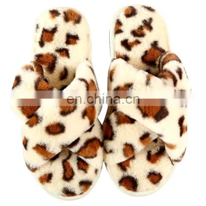 New Leopard Cross Strap Floor Slippers Female Non-Slip Warm Indoor Home Wear Slippers Wholesale thumbnail-2