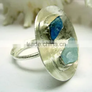 Aquamarine & Neon Apatite Rough Natural Gemstone Ring, 925 Solid Sterling Silver Ring, Designer Raw Bowl Shaped Ring thumbnail-2