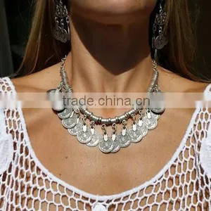 Chunky Punk Tribal Retro Antique Silver Coins Plated Alloy Bib Choker Necklace thumbnail-3